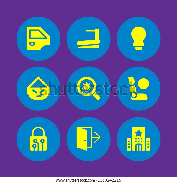 9 interior icons\
in vector set. hotel, mirror, lock and lightbulb illustration for\
web and graphic design
