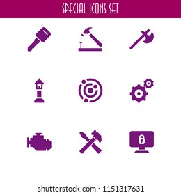 9 iron icons in vector set. physics, ax, hammer and motor illustration for web and graphic design