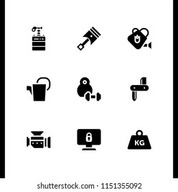 9 iron icons in vector set. piston, watering can, weight tool and blade illustration for web and graphic design