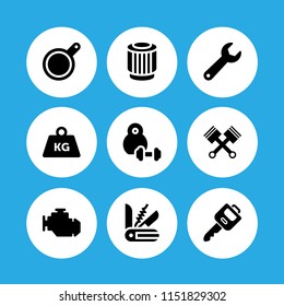 9 iron icons in vector set. weight tool, wrench, pulley and key illustration for web and graphic design