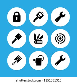 9 iron icons in vector set. piston, blade, key and lock illustration for web and graphic design