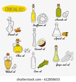 9 isolated doodle cooking oils. Mixed colored and outline set. Sketchy hand drawn vegetable oils. With origin products:  olive, apricot, corn, grape seed, walnut, coconut, avocado, peanut, sunflower.