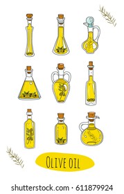 9 isolated doodle olive oils in cute bottles. Sketchy hand drawn vegetable oils. Organic set in cartoon style. With origin healthy products:  olive branches and berries.