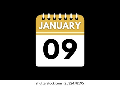9 January calendar icon text page monthly web design on golden, black, and white background vector, icon, or illustration with the month of January 9