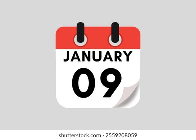 9 January calendar icon text page monthly web design on red, white, black and ash background vector, icon, or illustration with the month of January 9