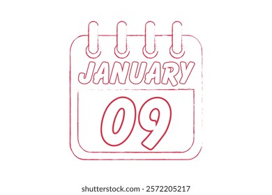 9 January calendar icon text page monthly web design on red and white background vector, icon, or illustration with the month of January 9