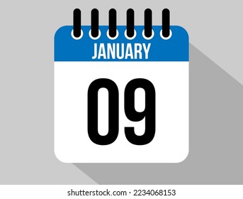 9. Januar Kalender Vektorsymbol. Blauer Januar für die Tage des Monats und die Woche auf hellem Hintergrund