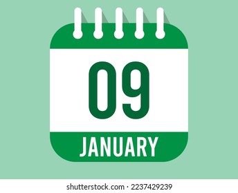 9 January day calendar icon. Calendar page in green color for the days of January. Month design for appointments and anniversaries
