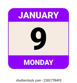 9 January, Monday. Date template. Useful design for calendar or event promotion. Vector illustration EPS 10 File