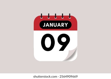 9 January month single day vector, illustration, calendar with rose red, black and off-white color background calendar January 9