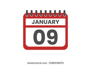 9 January month single day vector, illustration, calendar with red, black and white color background calendar January 9