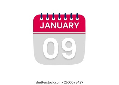 9 January month single day vector, illustration, calendar with red, off white and white color background calendar January 9