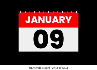 9 de enero mes Vector de un solo día, ilustración, calendario con rojo, blanco y negro color de fondo icono de calendario de enero 9