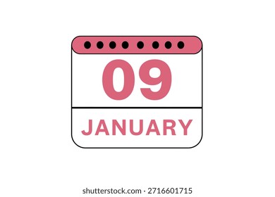 9 de janeiro mês vetor dia único, ilustração, calendário com pêssego, preto e branco ícone de calendário de fundo de cor de janeiro 9
