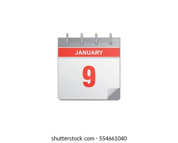 9 January red calendar vector illustration on white background