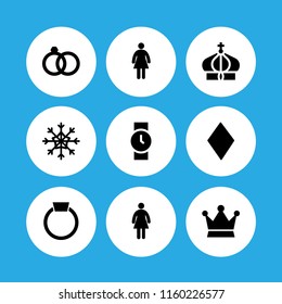 9 jewelry icons in vector set. crown, compromise and wedding ring couple, woman with dress and diamond illustration for web and graphic design