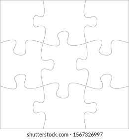 9 jigsaw pieces template. Ninen two puzzle pieces connected together. Jigsaw or puzzle elements template. Flat vector illustration