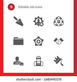 9 job filled icons set isolated on . Icons set with trowel, skill, teamwork, Folder, Partnership, professional, builder, paint roller icons.