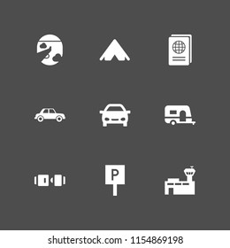 9 journey icons in vector set. safety seat, airport, caravan and car illustration for web and graphic design