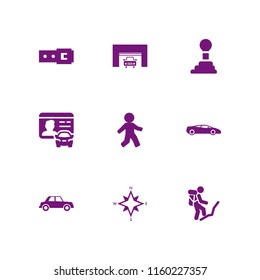 9 journey icons in vector set. walk, belt, backpack and cardinal points on winds star symbol illustration for web and graphic design
