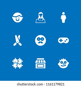 9 joy icons in vector set. hobbies and free time, clown, girl and toy illustration for web and graphic design