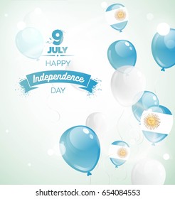 9 July, Argentina Independence Day greeting card. Celebration background with flying balloons and text. Vector illustration