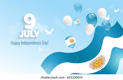 9 July, Argentina Independence Day greeting card. Celebration background with waving flag and flying balloons. Vector illustration