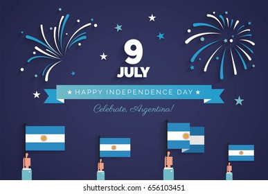 9 July, Argentina Independence Day greeting card. Holiday background with waving flags, ribbon and fireworks. Vector flat illustration