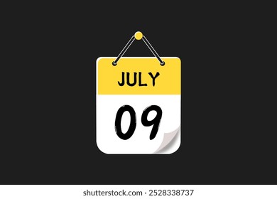 9 July calendar icon text page monthly web design on yellow, red, black, and white background vector, icon, or illustration with the month of July 9