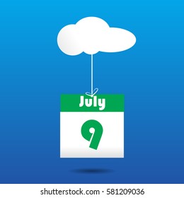 9 july calender icon with cloud paper