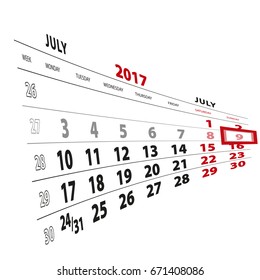 9 July highlighted on calendar 2017. Week starts from Monday. Vector Illustration.