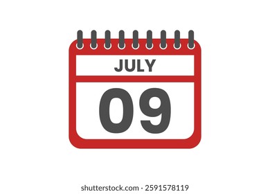 9 July month single day vector, illustration, calendar with red, black and white color background calendar July 9