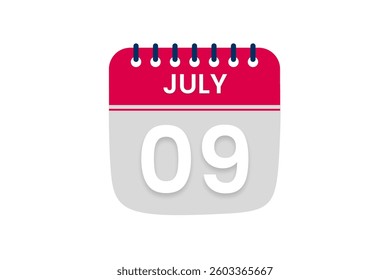 9 July month single day vector, illustration, calendar with red, off white and white color background calendar July 9