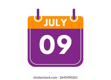 9 july month single day vector, illustration, calendar with orange, purple, ash and white color background calendar icon of july 9