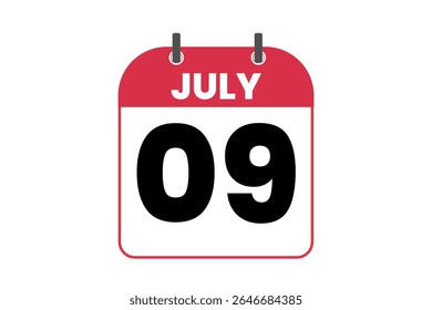 9 july month single day vector, illustration, calendar with red, black and white color background calendar icon of july 9