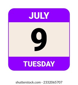 9 July, Tuesday. Date template. Useful design for calendar or event promotion. Vector illustration EPS 10 File. Isolated on white background. 