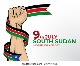 9 July. Vector illustration of Happy Independence Day greeting card for the country of South Sudan with clenched fists and a flag ribbon. Use for banners on a white background.