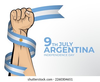 9 July. Vector illustration of Happy Independence Day greeting card for the country of Argentina with clenched fists and a flag ribbon. Use for banners on a white background.