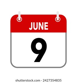 9 de junio, icono de fecha de calendario sobre fondo blanco.