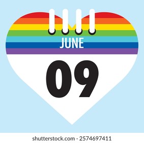 9 June calendar icon pride color heart shape on light sky blue color background, calendar vector symbol for the month of  June.