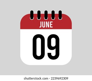 9 June calendar icon. Red calendar page vector for June days and weeks