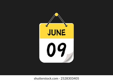 9. Juni Kalendersymbol Textseite monatliches Web-Design auf gelbem, rotem, schwarzem und weißem Hintergrund Vektor, Symbol oder Illustration mit dem Monat Juni 9
