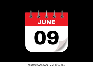 9 June calendar icon text page monthly web design on red, white and black background vector, icon, or illustration with the month of June 9