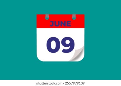 9 June calendar icon text page monthly web design on red, and blue background vector, icon, or illustration with the month of June 9