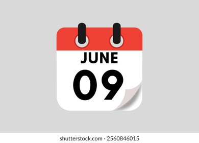 9 June calendar icon text page monthly web design on red, white, black and ash background vector, icon, or illustration with the month of June 9