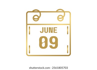 9 June calendar icon text page monthly web design on golden and white background vector, icon, or illustration with the month of June 9