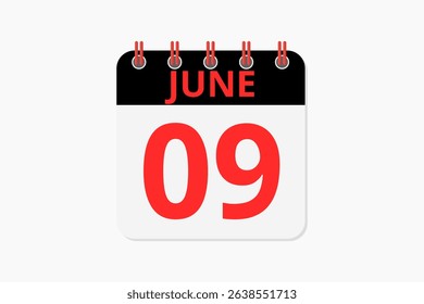9 June calendar icon text page monthly web design on red, black and white background vector, icon, or illustration with the month of June 9