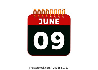 9 June calendar icon text page monthly web design on red, black and white background vector, icon, or illustration with the month of June 9