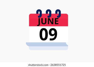 9 June calendar icon text page monthly web design on red, black and white background vector, icon, or illustration with the month of June 9