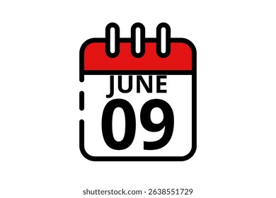 9 June calendar icon text page monthly web design on red, black and white background vector, icon, or illustration with the month of June 9